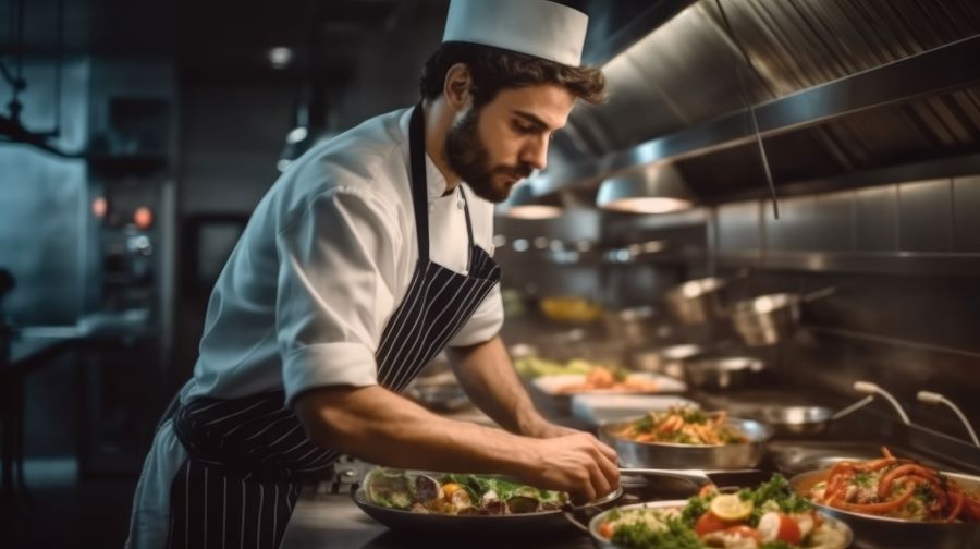 Chef preparing a gourmet dish for a vegan menu in a restaurant kitchen.