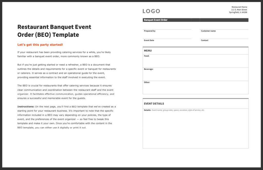 A free BEO template from Toast.