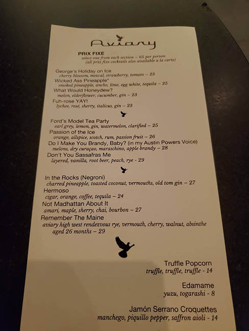 Aviary cocktail menu