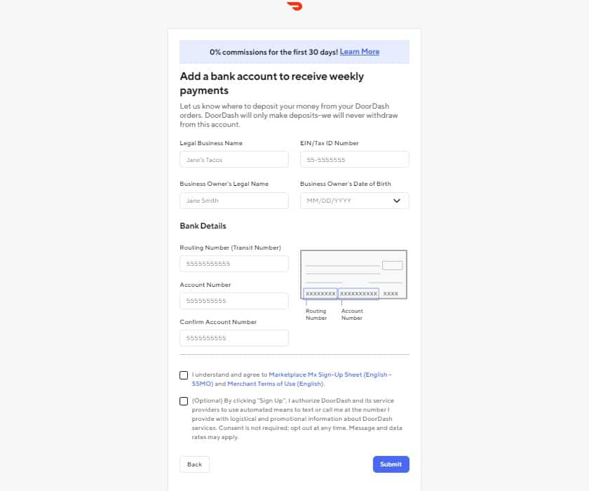 Doordash account setup banking information