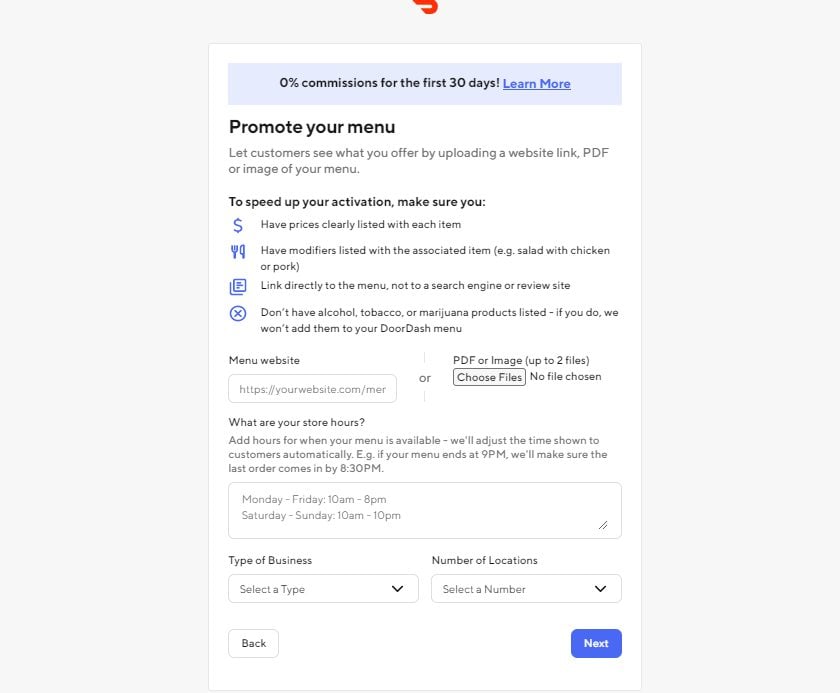 Doordash account setup menu, location hours, number of locations, and business type