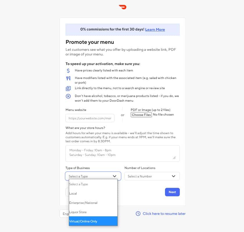 Doordash account set up select business type