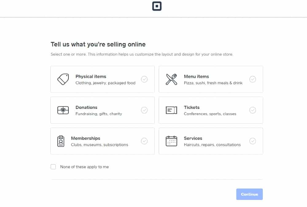 Square account set up business type selection