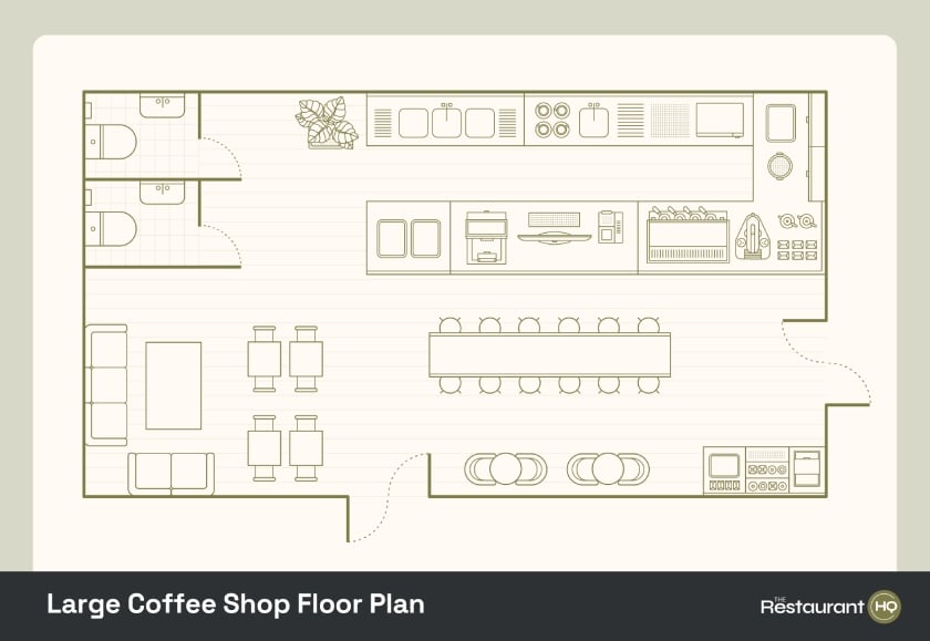 A large coffee house layout accommodating more dine-in patrons and a bigger menu.
