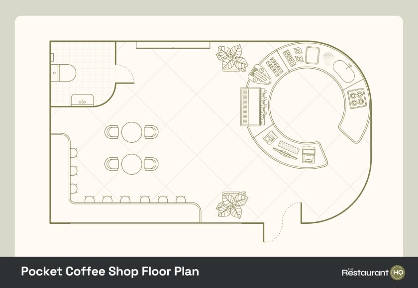 A pocket cafe floor plan prioritizing small comforts.