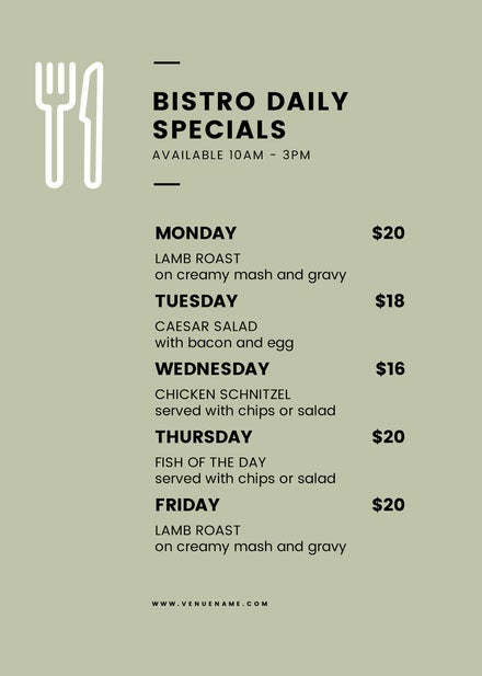 Menu featuring daily specials.