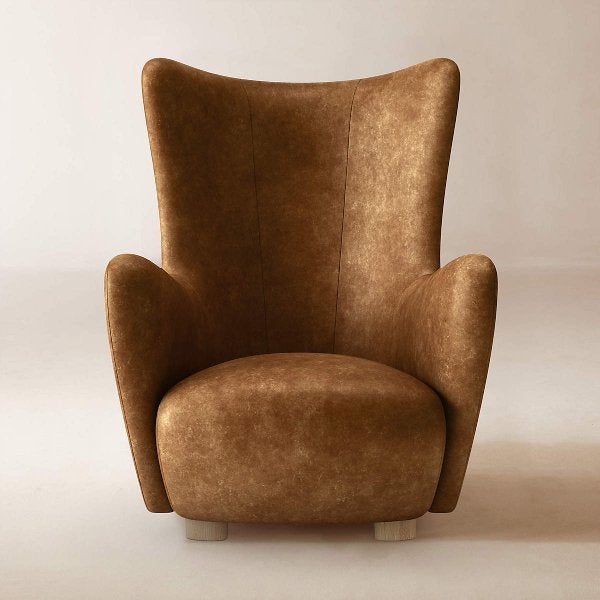 High-backed brown leather armchair.