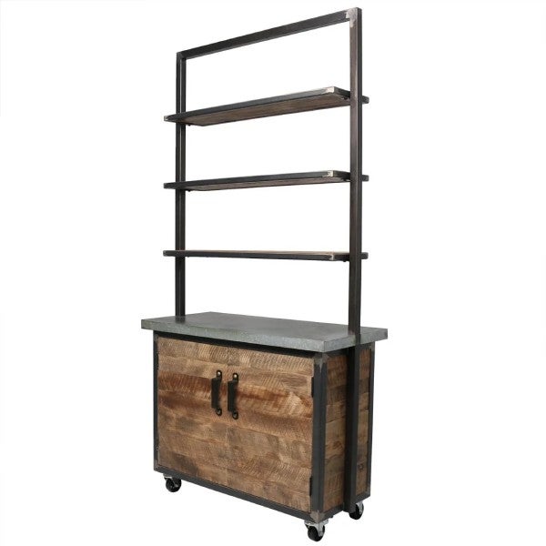 Wheeled, reclaimed wood retail display with four shelves.