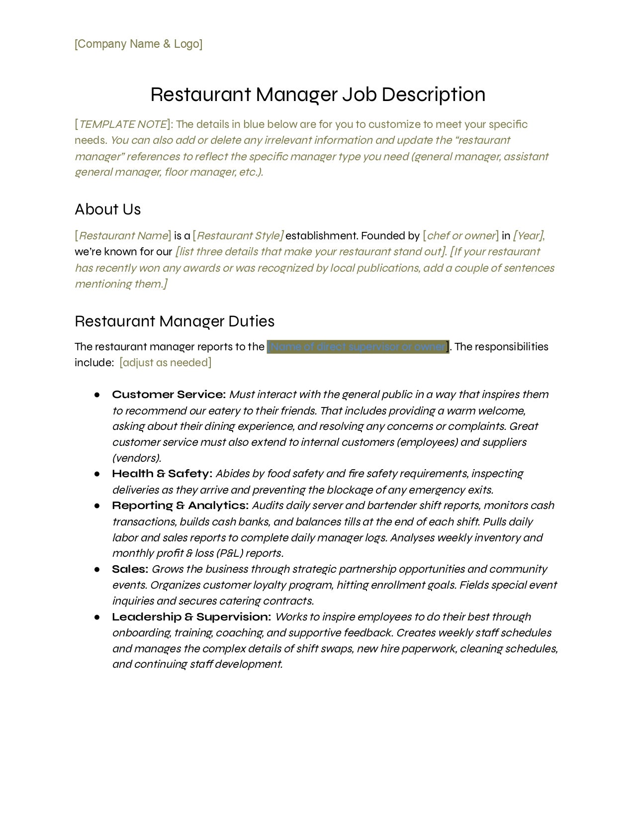 Restaurant manager job description template