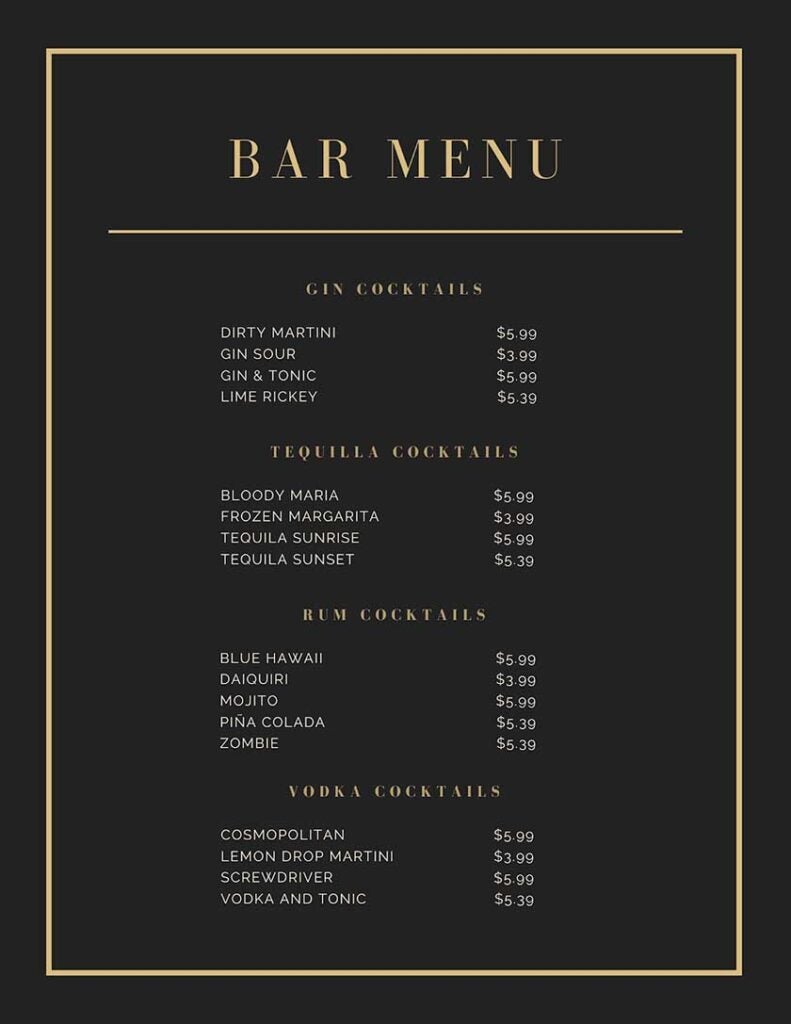 Black and gold elegant cocktail menu.