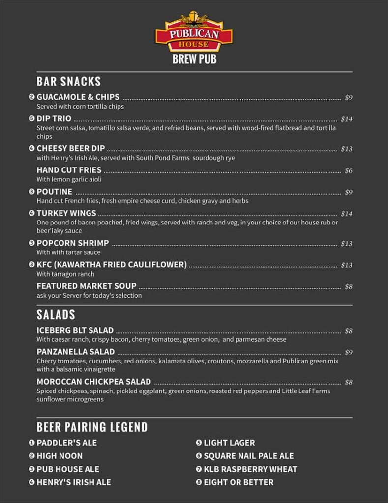 Publican House Brewpub menu with food items.