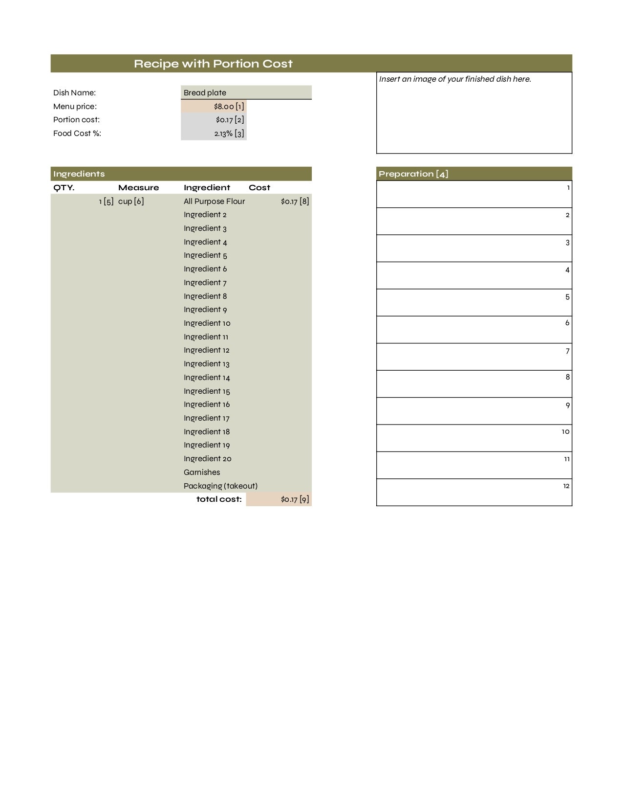 Restaurant portion cost and recipe template