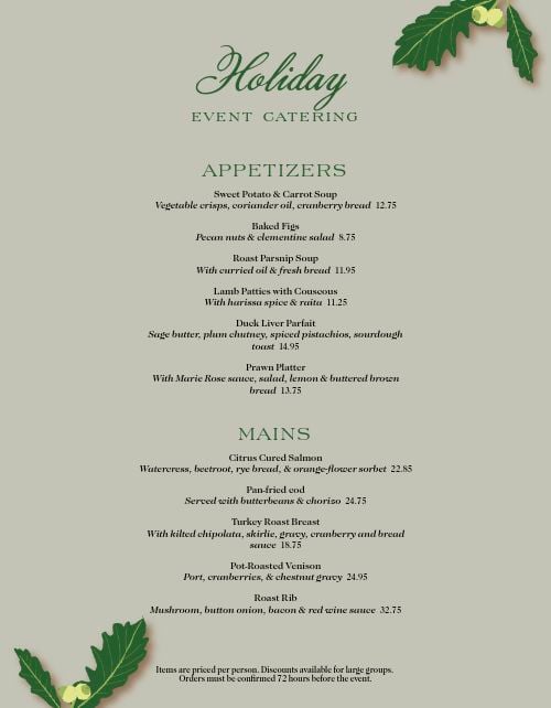 Holiday catering menu