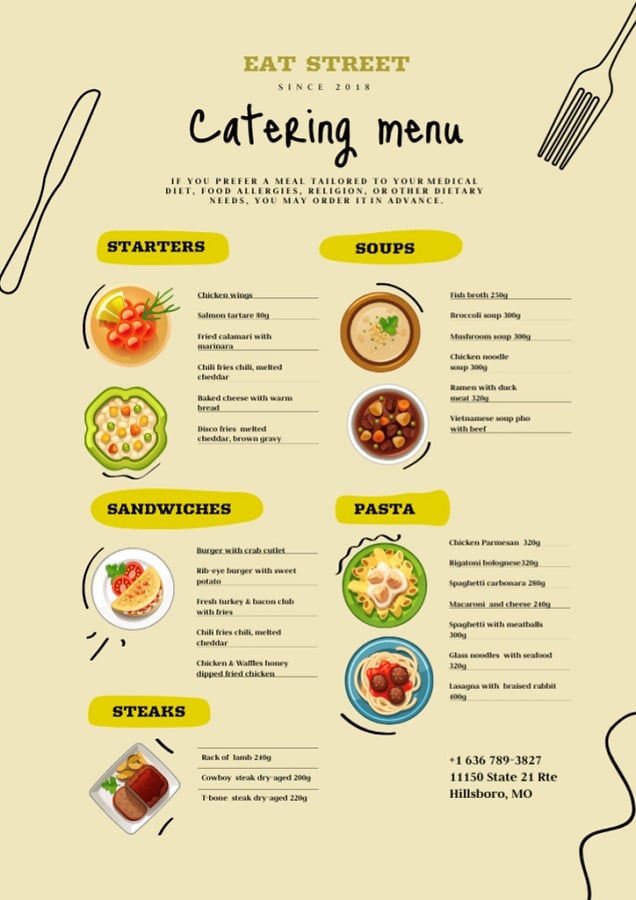 catering menu with food images