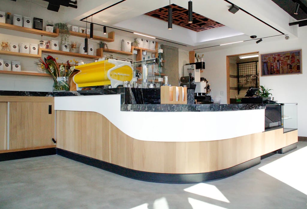 A coffee shop layout in San Francisco using the L-shaped counter, with mid-century-modern vibes