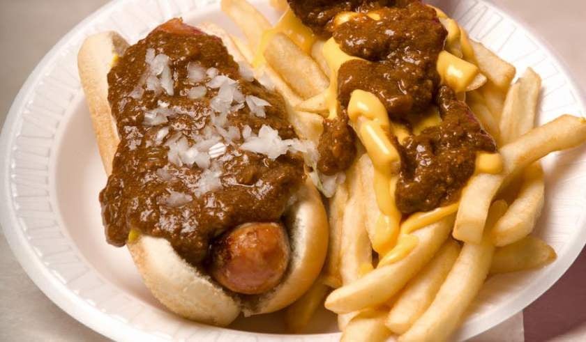 Chili dog with chili cheese fries.