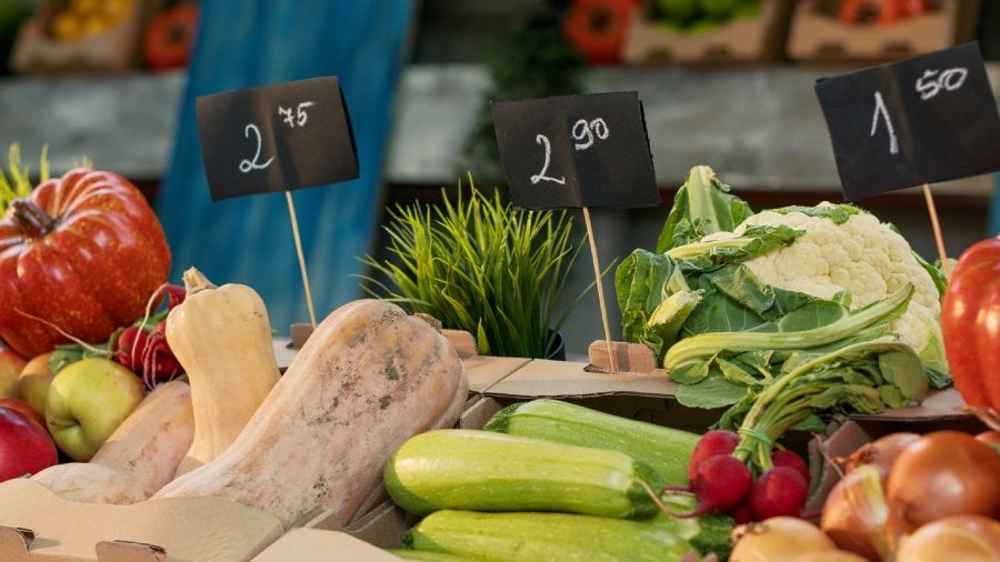 Natural organic fruits and vegetables on farmers market counter.