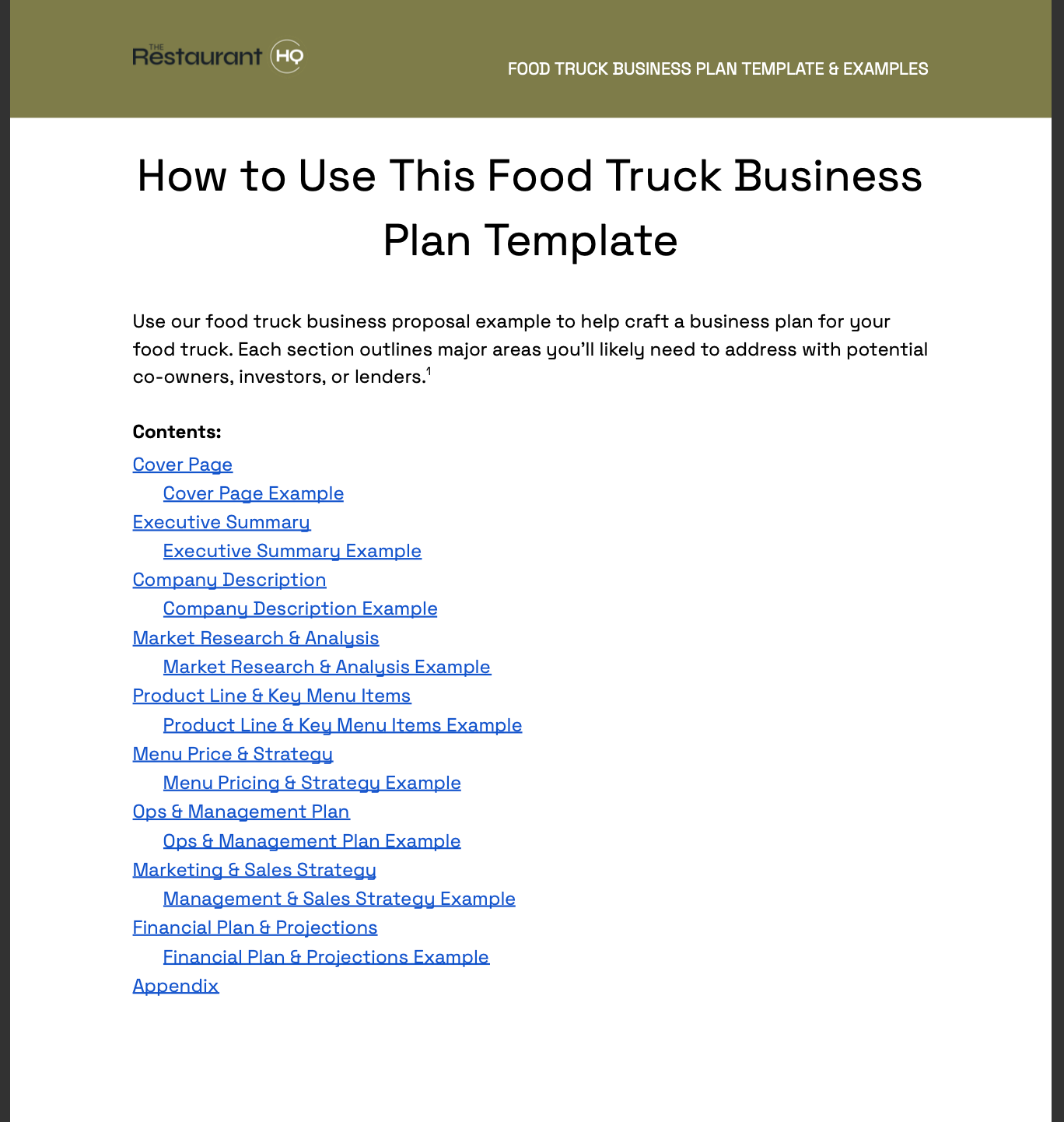 Our free food truck business plan example PDF.