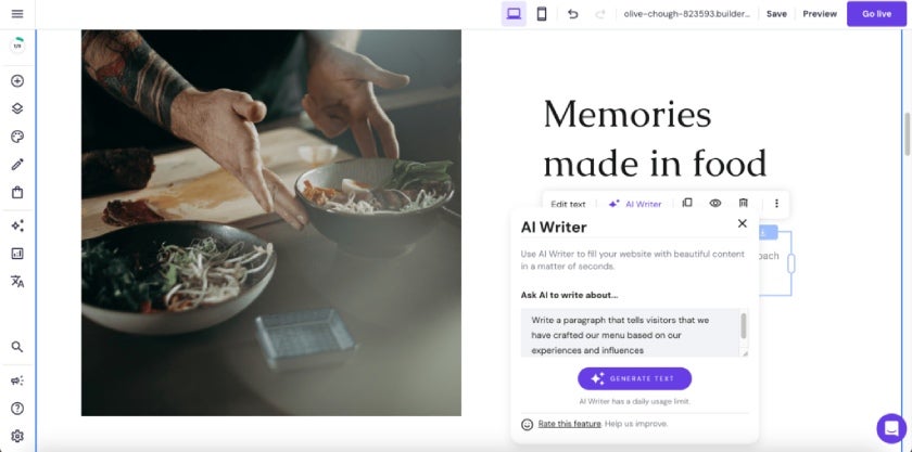 Hostinger's restaurant website editing tool uses an AI writer to generate content.