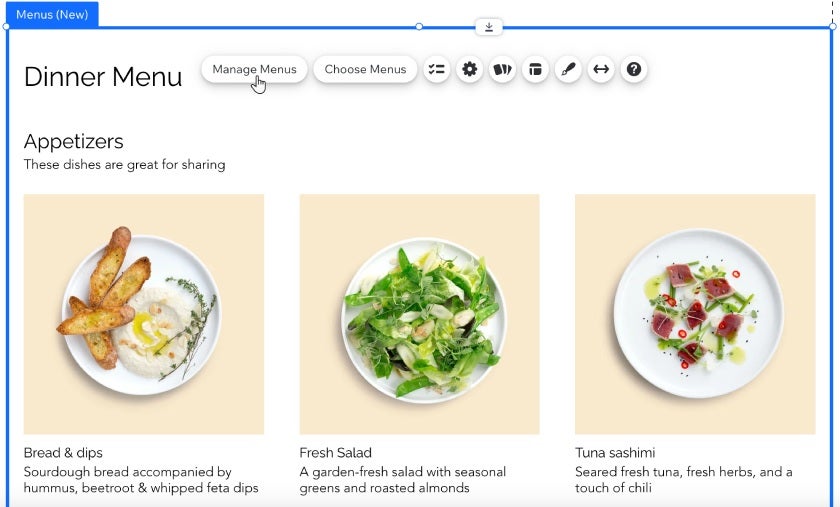 Wix's menu module for its restaurant website builder displays images and descriptions of appetizers.