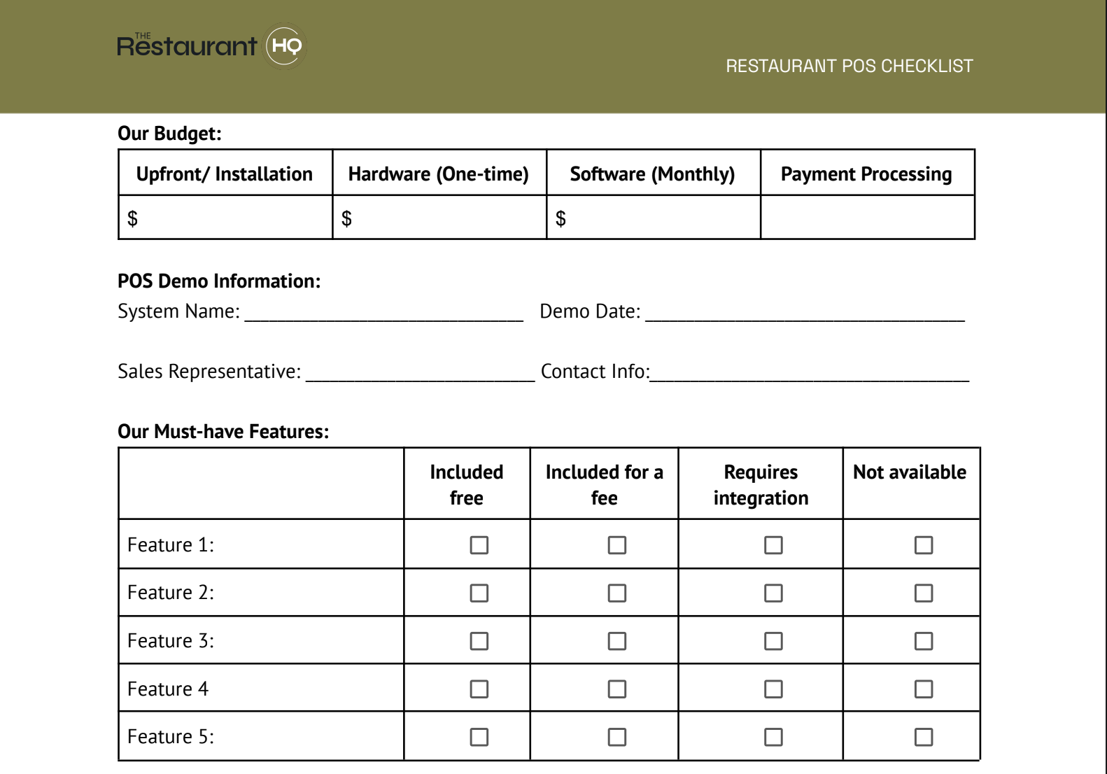 Free restaurant POS checklist screenshot