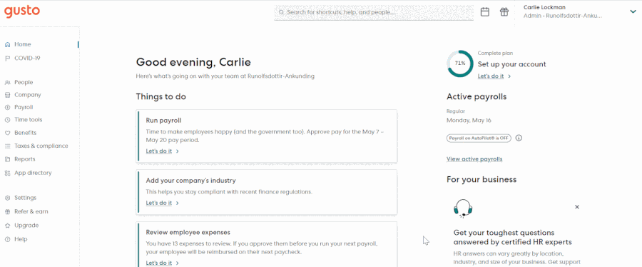 Gusto allows you to input hours worked, bonus and tip amounts, and other earnings while running payroll.