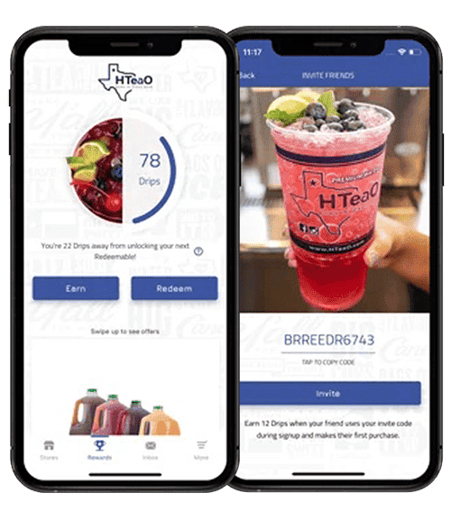The Punchh app helping customers track points, redeem rewards, and invite friends with custom referral codes.
