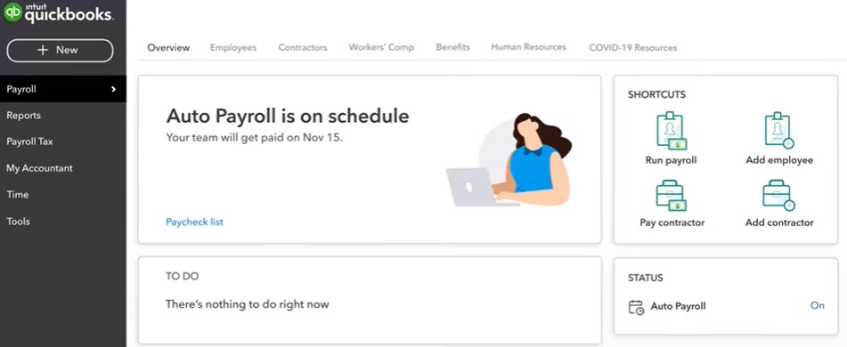 Aside from a to-do list, QuickBooks Payroll’s dashboard contains helpful links for processing staff payments and adding new employees.