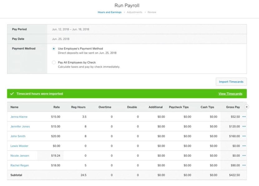 You can import time cards, change payment methods, and manually input work hours and additional payments into Square Payroll. 