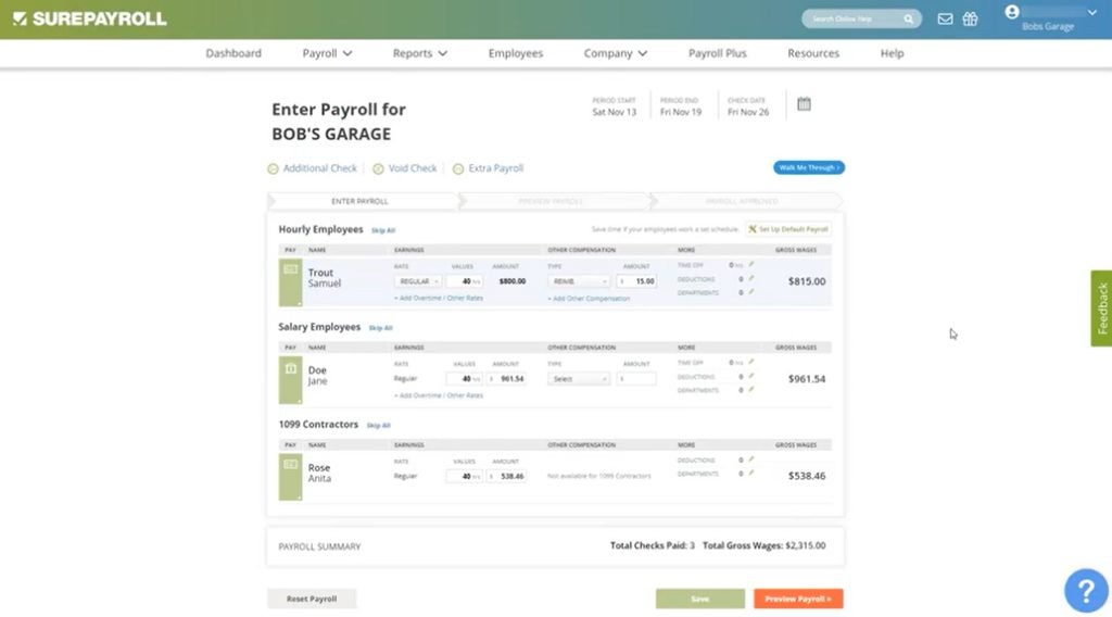 A snapshot of SurePayroll’s pay processing tool, where you can input hours worked and additional earnings. 