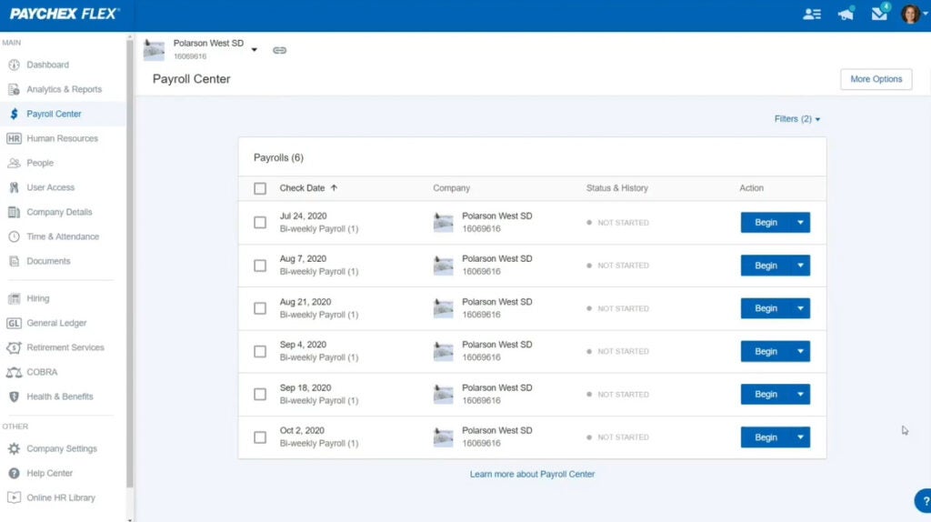 Paychex Flex’s “Payroll Center” contains a list of pay runs you can start, resume, and complete.