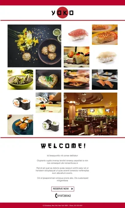A restaurant welcome email featuring a brief welcome message, contact information, and a link to an online reservation portal.