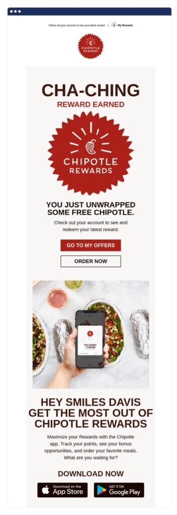An example of a restaurant email encouraging recipients to download the mobile app to track rewards.