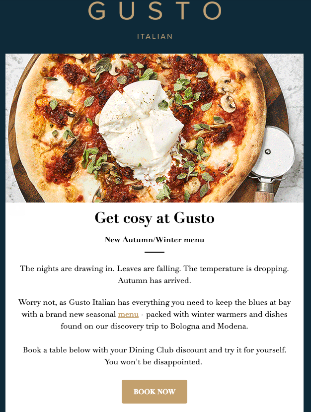 A weekly menu newsletter example from an Italitan restaurant, with a link to the menu and reservation booking platform.