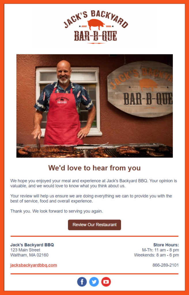 An example of a restaurant email asking diners to leave reviews.