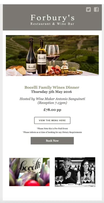 A restaurant promotion message example featuring an event notice from a restaurant and wine bar.