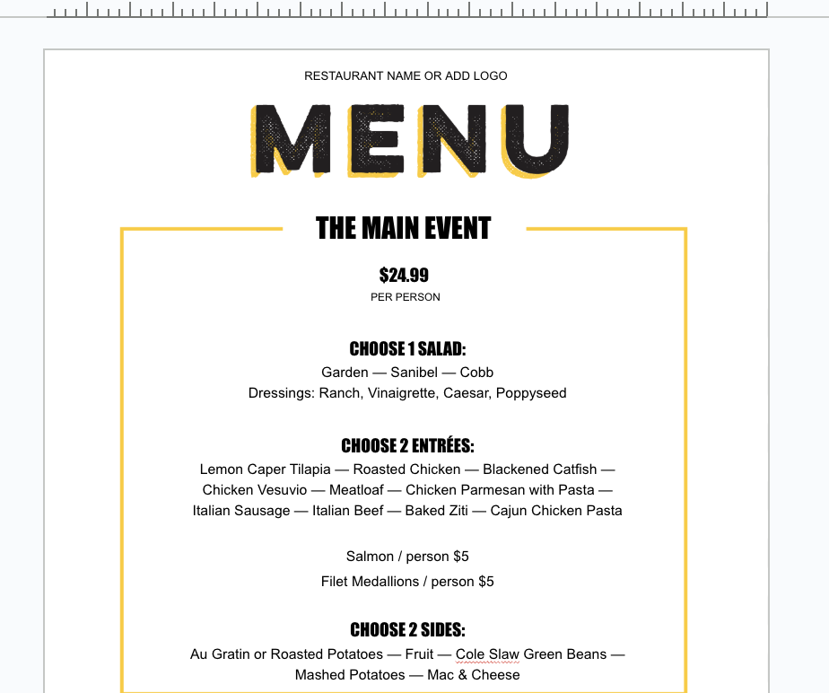 A sample catering menu template from Toast.