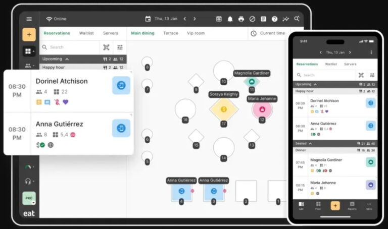 An example of Eat App's online table reservation and management system with a layout of the main dining area.