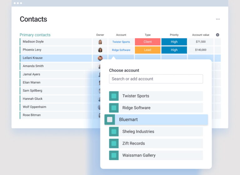 An example of monday CRM’s contact database with several columns for tracking contact details.