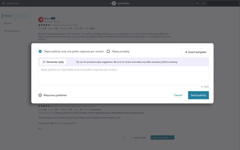 OpenTable’s reputation management system with AI-powered reply to reviews.
