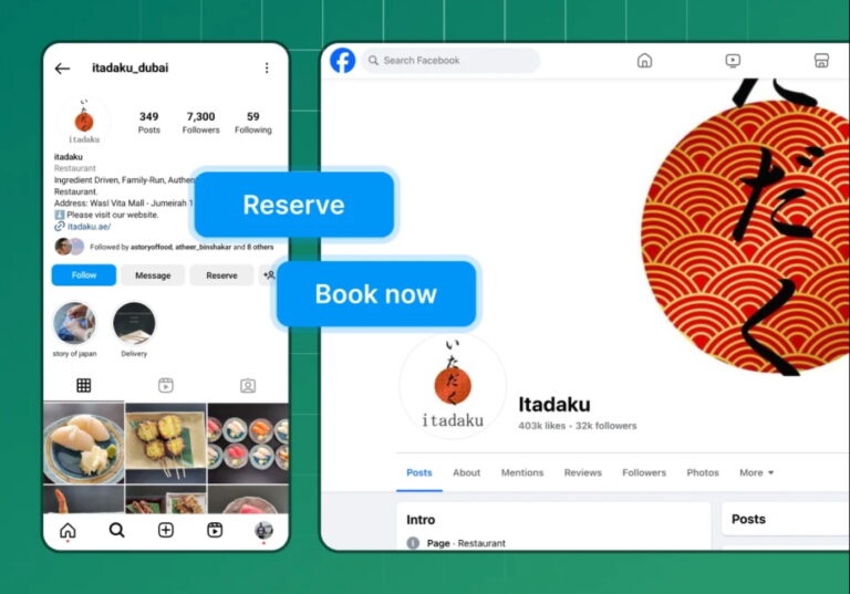 A sample restaurant profile on Instagram showing SerVme's booking link.