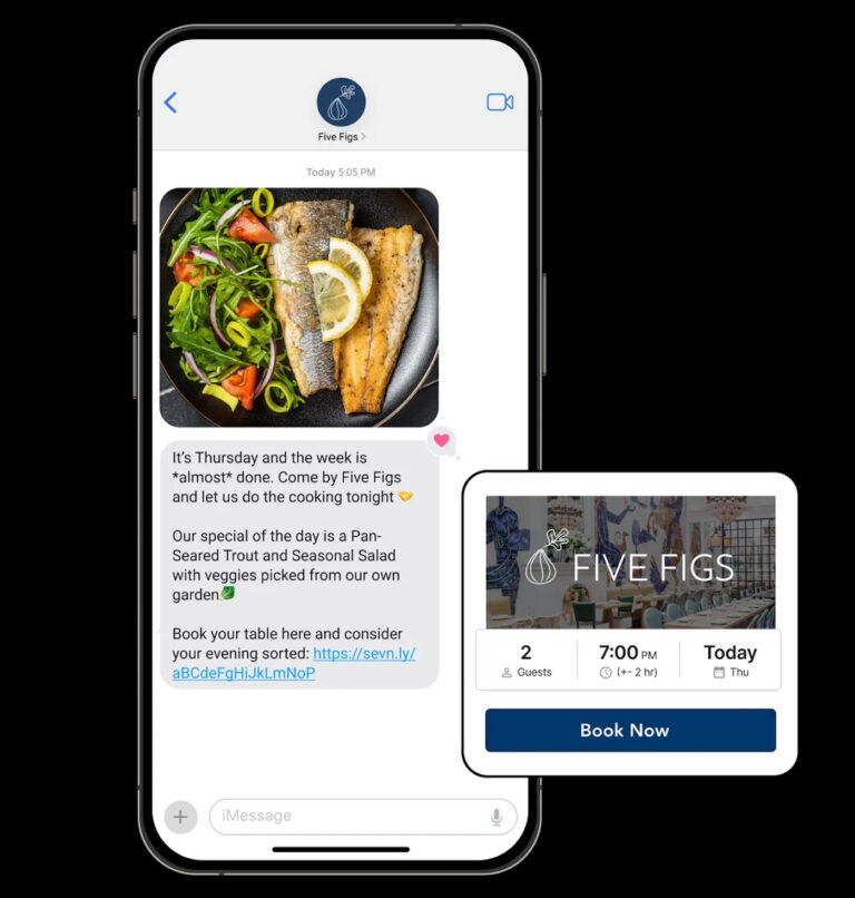 A mobile device showing a sample SevenRooms text marketing campaign with a table booking link.