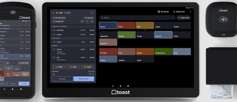 Toast handheld and POS terminal devices displaying tableside service options on the screen.