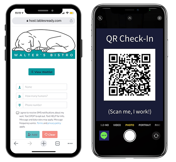 TablesReady key QR check in and waitlist systems displayed on iPhone.