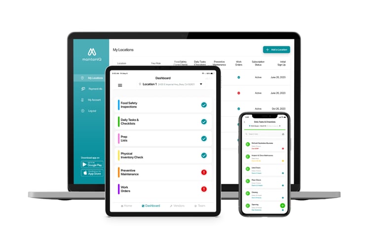 Three examples of how to use MaintainIQ food safety software, including desktop computers, tablets and mobile phones.