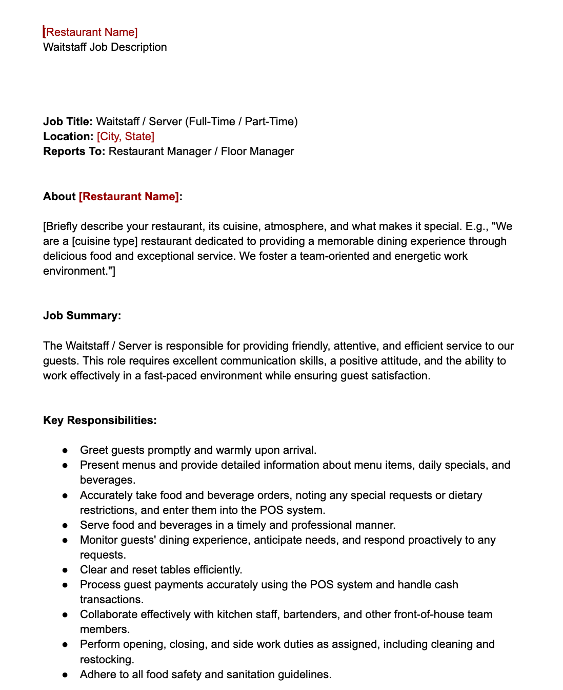Waiter job description template